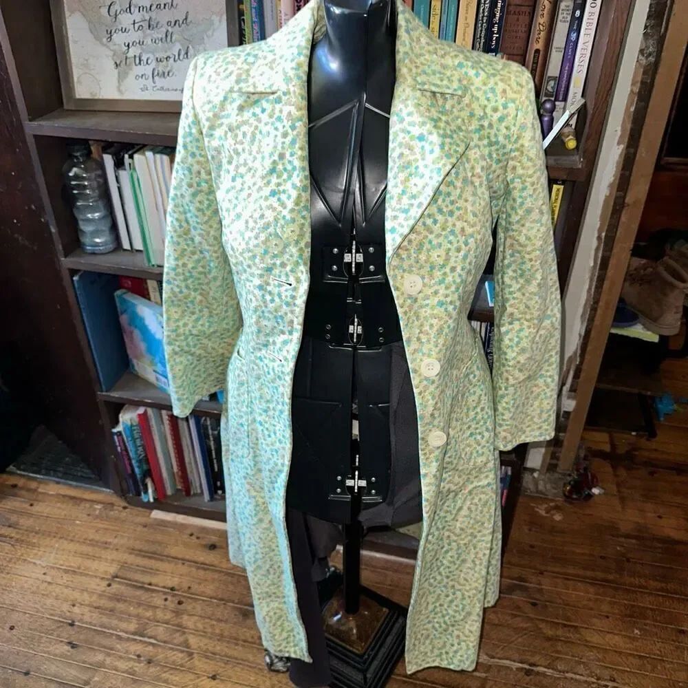 Express green & yellow vintage floral s belted trench coat